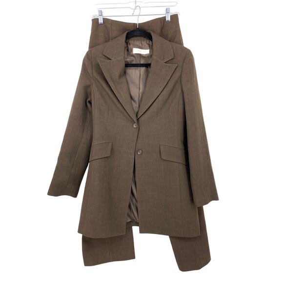 MNG Pant Suit Set Womens Size 8 Long Blazer + Straight Leg Pant Brown One Button - Picture 1 of 12